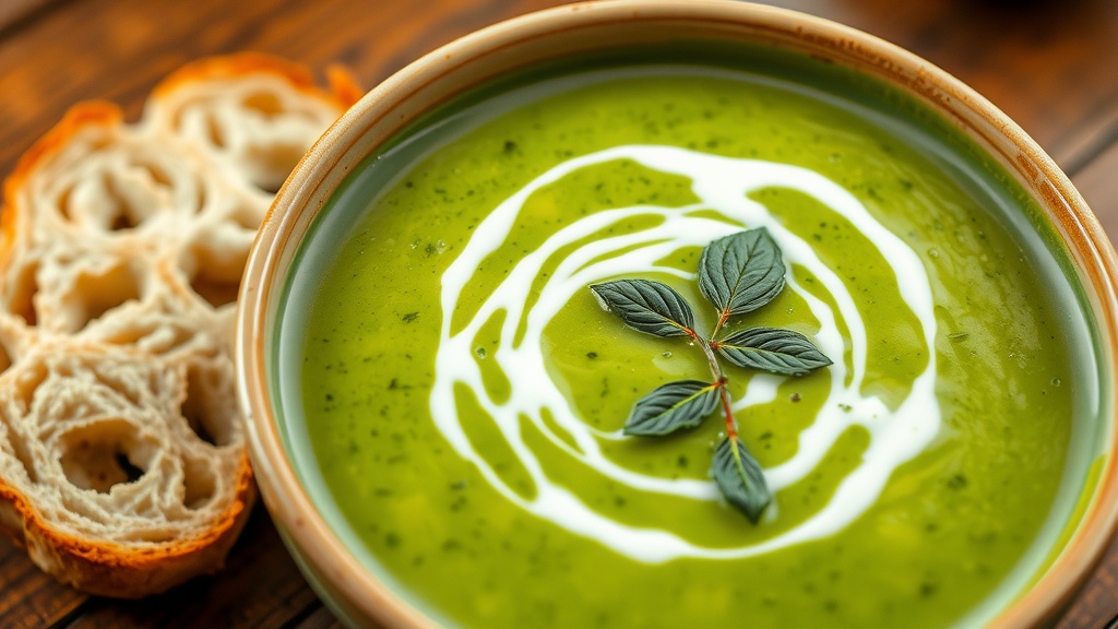 A bowl of velvety creamy spinach soup garnished with herbs and a slice of crusty bread on a wooden table.